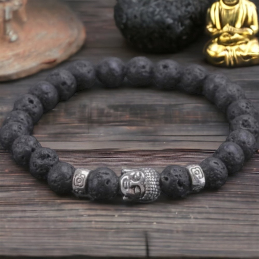 LAST ONE Buddha Bracelet Black Lava Beads Tibetan Silver Calming Healing Energy